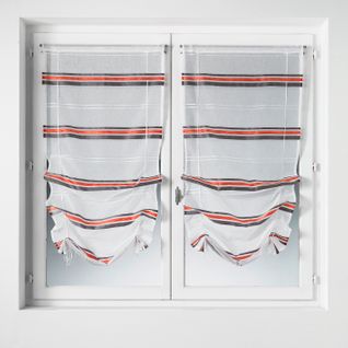 Paire De Petits Voilages à Remonter En Étamine à Rayures Horizontales - 60x160 Cm - Rouge
