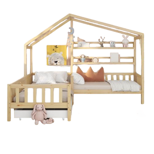 Lit Enfant Cabane Avec Tiroirs Et Étagères En Bois Massif Avec Sommier à Lattes, Structure En L