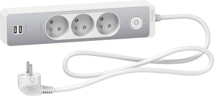 Bloc Multiprises 3 Prises 2p+t Et 2 USB (câble 1,5m) - Blanc - Schneider