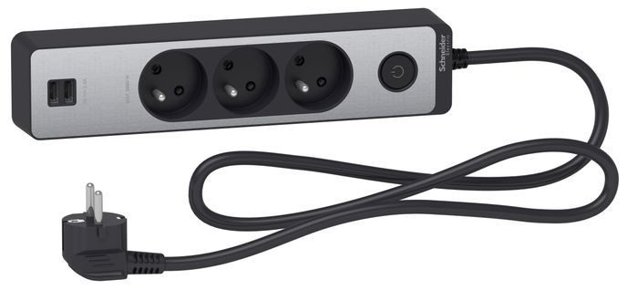 Bloc Multiprises 3 Prises 2p+t Et 2 USB (câble 1,5m) - Noir Et Aluminium - Schneider