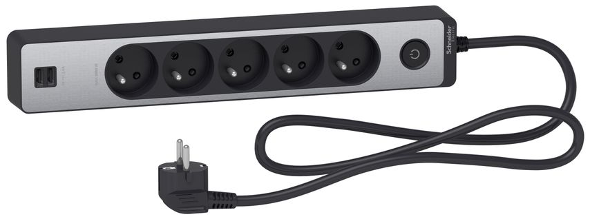 Bloc Multiprises 5 Prises 2p+t Et 2 USB (câble 1,5m) - Noir Et Aluminium - Schneider