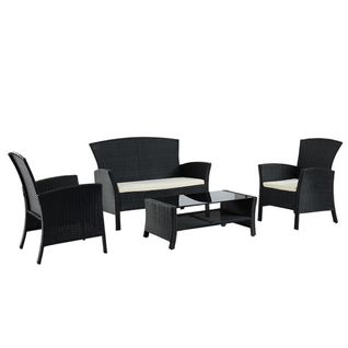 Salon De Jardin Fidji 4 Places En Résine Tressée Noire Et Coussins Beige