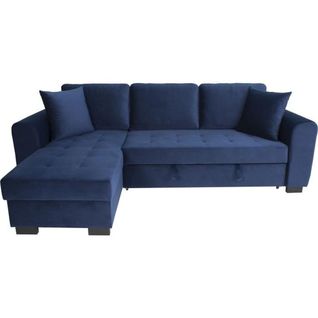 Canapé D'angle Convertible Hamilton 4 Places - Tissu Velours Bleu - L 245 X P 140 X H 86 - Coffre D