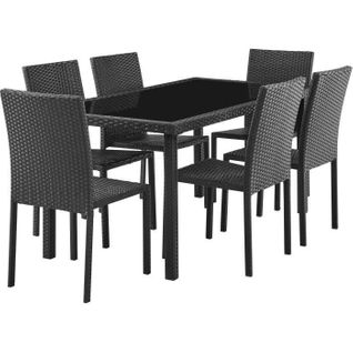 Ensemble Repas De Jardin - Plateau En Verre Trempé Et 6 Chaises En Résine Tressée Noir - 160x80x73cm