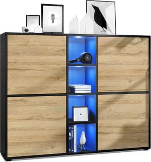 Buffet  Noir Mat  Façades Chêne Nature  + LED Rgb  (lxhxp): 130,5 X 105,5 X 35,5 Cm