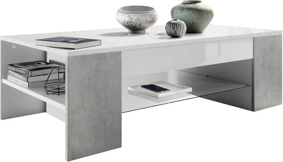 Table De Salon  1 Plaque De Verre  Blanc Mat/aspect Béton Oxyde (118 X 37 X 60 Cm)