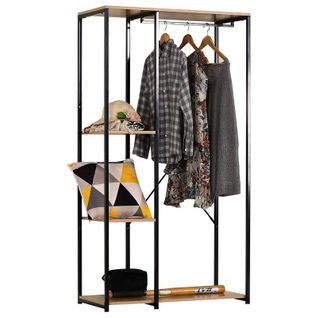 Dressing Ouvert, Avec Étagères Et Tringle Pour Cintres, En Bois Clair Et Métal Noir