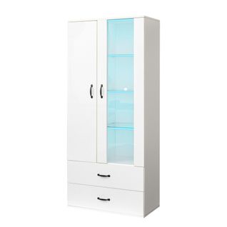 Vitrine Éclairée à LED, 2 Portes En Verre, 2 Tiroirs, Armoire à LED, Bibliothèque, Blanc