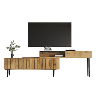 Meuble TV Moderne Avec Motif Marbre Et Grain De Bois, Bord En Pvc, Pieds En Fer, Bois Foncé