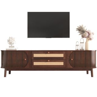 Meuble TV En Bois Naturel Avec Portes Et Tiroirs En Rotin, Style Maison De Campagne Naturelle