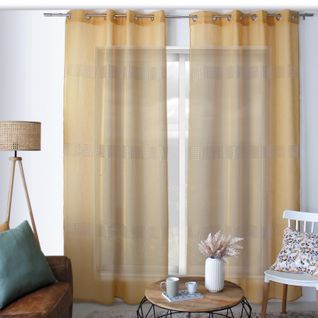 Voilage Bohème à Bandes Ajourées - 140x240 Cm - Jaune Ocre