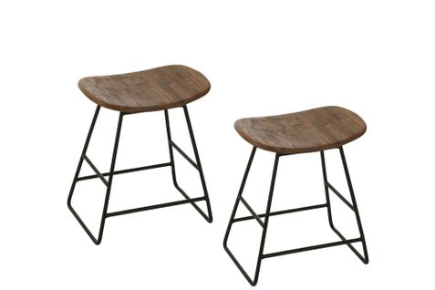 Tabourets En Teck Recyclé Brossé Et En Métal (lot De 2) - Dili
