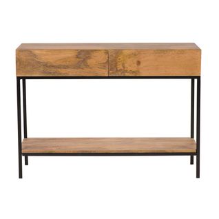 Console Industrielle Avec 2 Tiroirs En Bois Clair Manguier Massif Et Métal Noir L110 Cm Ypster