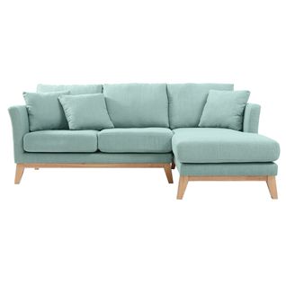 Canapé D'angle Droit Déhoussable Scandinave 4 Places En Tissu Vert Lagon Et Bois Clair Oslo