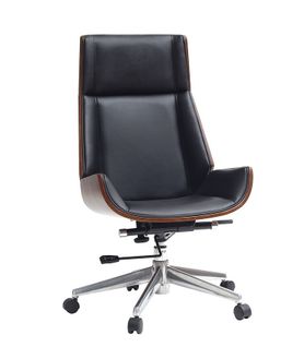 Fauteuil De Bureau De Direction Design Noir, Bois Foncé Noyer Et Acier Chromé Curved