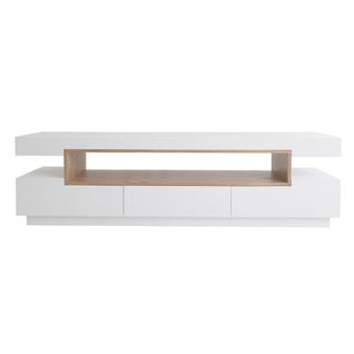Meuble TV Design Blanc Laqué Brillant Et Bois L200 Cm Livo