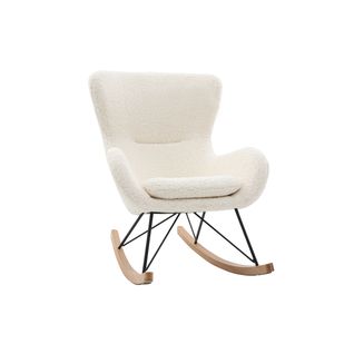 Rocking Chair Scandinave En Tissu Effet Peau De Mouton Blanc, Métal Noir Et Bois Clair  Eskua