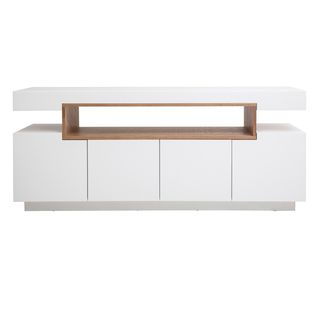 Buffet Scandinave Blanc Laqué Brillant Et Bois 4 Portes L180 Cm Livo