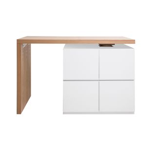 Îlot - Table De Bar Modulable Avec Rangement Blanc Mat Et Bois Clair Chêne L140-165 Cm Max