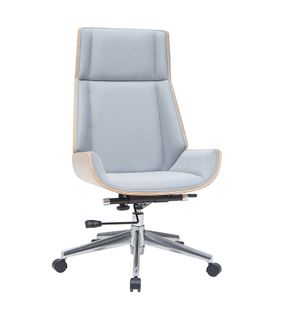 Fauteuil De Bureau De Direction Design En Tissu Gris Clair, Bois Clair Et Acier Chromé Curved