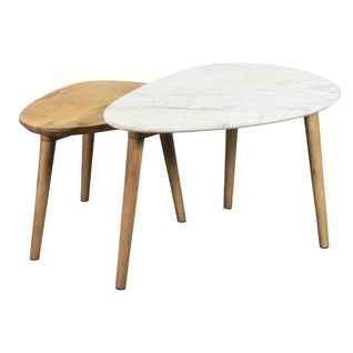 Tables Basses Gigognes Marbre Blanc Et Bois Manguier Massif (lot De 2) Evy
