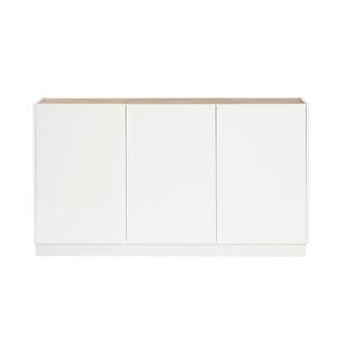 Buffet Design Blanc Laqué Brillant Et Bois Clair 3 Portes L155 Cm Nelio
