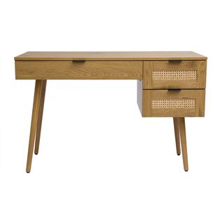 Bureau Finition Bois Clair, Cannage Rotin Et Métal Noir 3 Tiroirs L120 Cm Manille