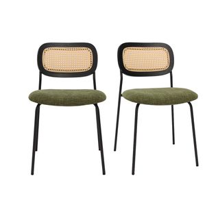 Chaises En Tissu Effet Velours Texturé Vert Kaki, Métal Noir Et Cannage Rotin (lot De 2) Miranda
