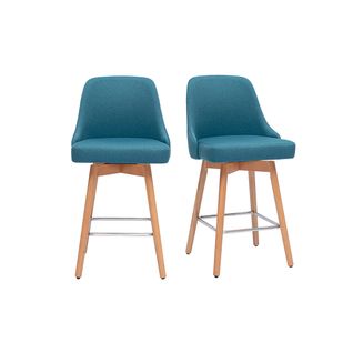 Tabourets De Bar Pivotants En Tissu Bleu Canard Et Bois Hêtre Massif H65 Cm (lot De 2) Hasta