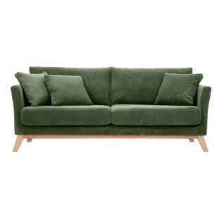 Canapé Scandinave Déhoussable 3 Places En Tissu Velours Côtelé Vert Kaki Et Bois Clair Oslo