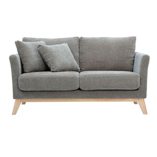Canapé Scandinave Déhoussable 2 Places En Tissu Effet Velours Texturé Taupe Et Bois Clair Oslo