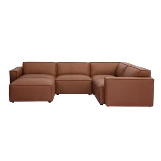Canapé D'angle Modulable Vintage 5 Places Et Pouf En Cuir Marron Split