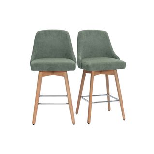 Tabourets De Bar Pivotants En Tissu Chenille Vert Kaki Et Bois Hêtre Massif H65 Cm (lot De 2) Hasta
