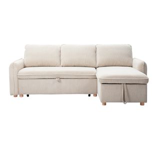 Canapé D'angle Convertible Réversible Avec Coffre 3 Places En Tissu Velours Côtelé Beige Orso