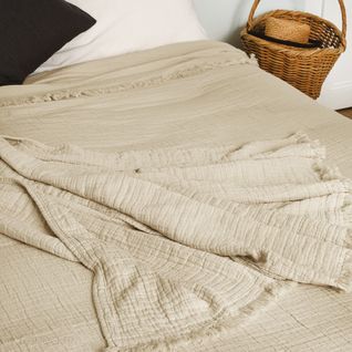 Plaid Avec Franges 125x180 Cm Brehat 100% Gaze De Coton Marron Galet