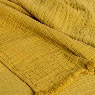 Plaid Avec Franges 125x180 Cm Brehat 100% Gaze De Coton Jaune Miel