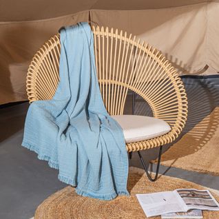 Plaid Avec Franges 125x180 Cm Brehat 100% Gaze De Coton Bleu Orage