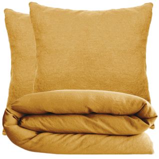 Parure De Lit 260x240 Cm Et 65x65 Cm Coton Lavé Palace Jaune Curry 3 Pièces