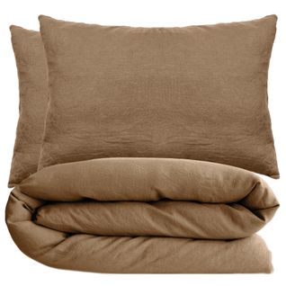 Parure De Lit 260x240 Cm Et 50x70 Cm Coton Lavé Palace Marron Cognac 3 Pièces