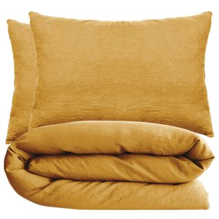 Parure De Lit 260x240 Cm Et 50x70 Cm Coton Lavé Palace Jaune Curry 3 Pièces