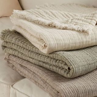 Plaid 125x180 Cm Estrela Gaze De Coton Et Laine Vert Amande