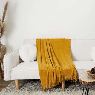 Plaid à Franges Style Chenille Miel D'automne 120x150 Cm Moutarde