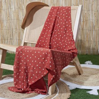 Plaid 120x150 Cm Collection Lucie Gaze De Coton Motif Feuilles Rouge