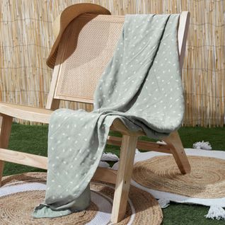 Plaid 120x150 Cm Collection Lucie Gaze De Coton Motif Feuilles Gris