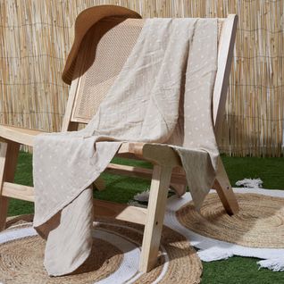 Plaid 120x150 Cm Collection Lucie Gaze De Coton Motif Feuilles Beige