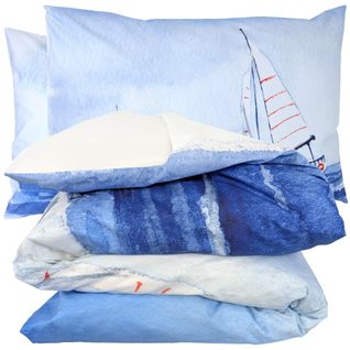 Parure De Lit 300x240 Cm 50x70 Cm Percale Regate Bleu 3 Pièces