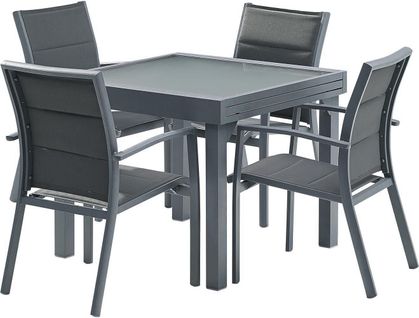 Ensemble Modulo 4/8p En Alu Gris Et Verre Noir Modulable Et 4 Fauteuils Alu