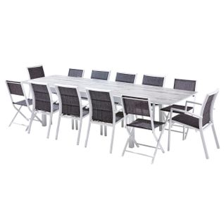 Ensemble Modulo 8/12p En Aluminium Blanc Et Verre Décors Bois Avec 12 Fauteuils En Textilène