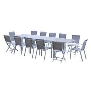 Ensemble Tulum 8/12p En Alu Blanc Et Plateau En Alu Décors Bois, 6 Fauteuils Et 4 Chaises Pliantes