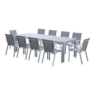 Ensemble Tulum 10/14p En Alu Blanc Et Plateau En Alu Décors Bois Avec 10 Fauteuils En Textilène